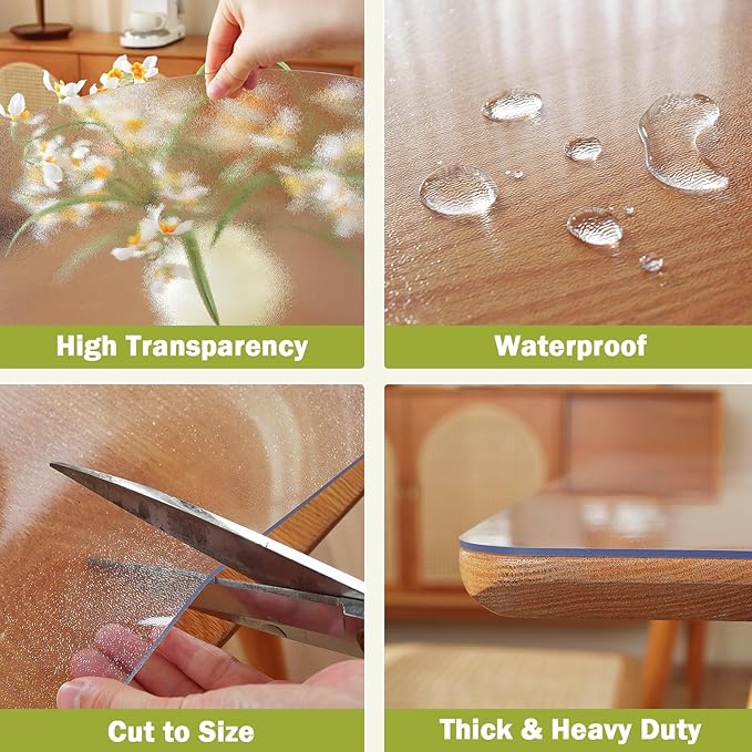 Frosted Clear Table Protector 28 x 48 Inch, 1.5mm Thick Plastic Table Cover, Waterproof PVC Clear Table Cover Protector, Desk Protector Mat, Writing Desk Pad for Desktop, Coffee & Dining Room Table