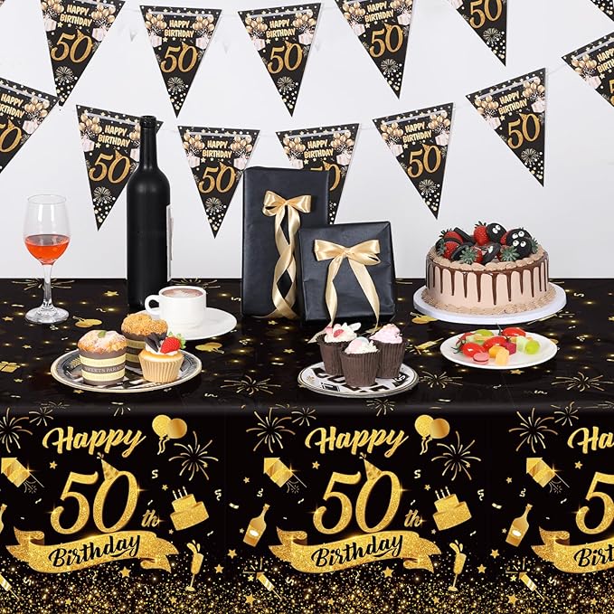 NatNarr 3 Pack 50th Birthday Plastic Tablecloth, 54x108 Inch Black Gold Disposable Rectangle Table Cover Waterproof Table Cloth for Birthday 50 Anniversary Party Supplies