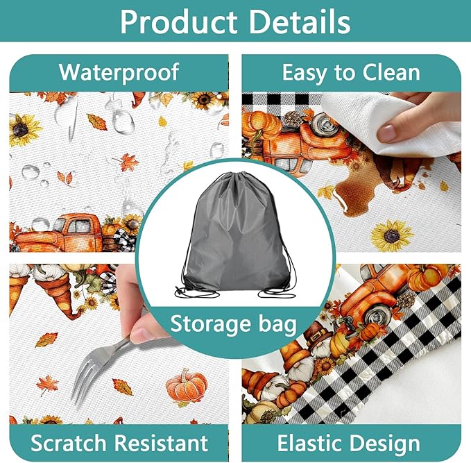 Fall Picnic Table Cover with Bench Covers, Camping Essentials, Buffalo Plaid Thanksgiving Pumpkin Waterproof Windproof, Fitted Tablecloth Cover with Elastic Edge, Indoor & Outdoor, 3 PCS, 30x60 Inch