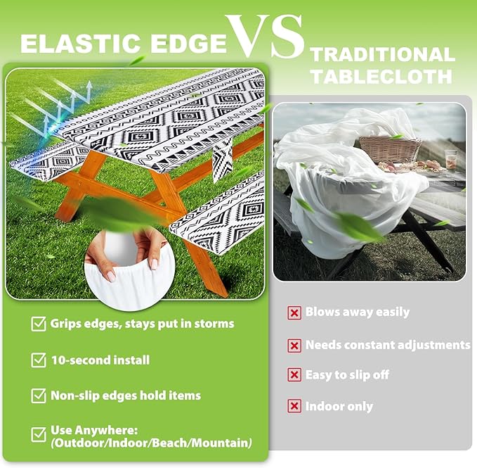Picnic Table Cover with Bench Covers Vinyl Elastic Edges Fitted Rectangle Seat Tables Waterproof 3-Piece72X30in Set Outdoor Rectangular Folding Backing Tablecloth for Camping Over Size