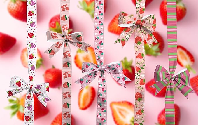 YKW 5 Pack Strawberry Ribbon, 5/8 Inch x 3 Yards Each, Love Hearts Floral Pattern Grosgrain Ribbon, for Gift Wrapping Hair Bows Party Decoration