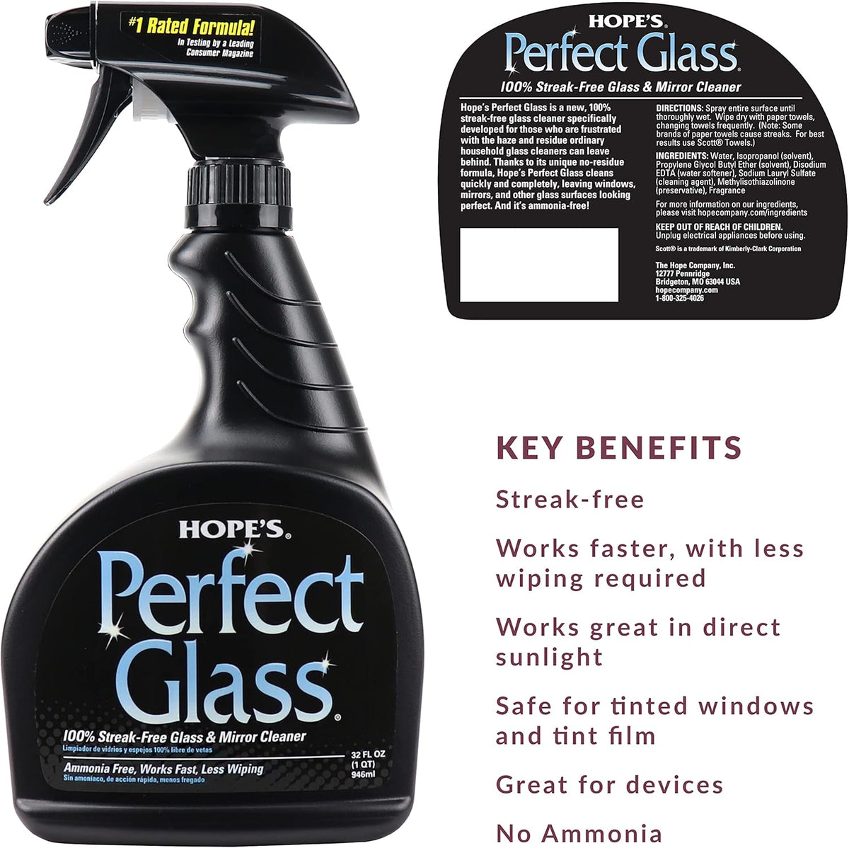 HOPE'S Perfect Glass Cleaner Spray, Streak-Free, Ammonia-Free Window, Mirror, Screen, and Shower Door Cleaner, Indoor and Outdoor Glass Surfaces, 32 Fl Oz, Pack of 1 With Microfiber Cloth