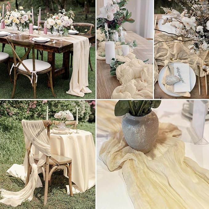 Cream Cheesecloth Table Runner 10FT Rustic Gauze Cheese Cloth Table Decorations 120 Inch Sheer Fabric Table Runners for Baby Bridal Shower Birthday Party Home Decor