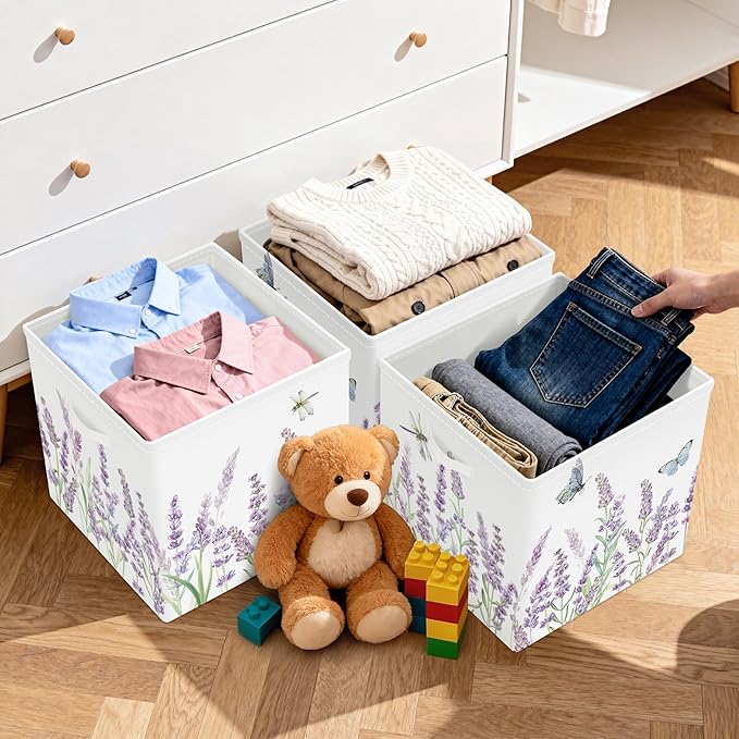 11.8" Wild Flower Storage Cube Organizer Set 3Pcs Clothes Storage Basket Bin for Closet Shelf Garden Butterfly Nursery Kid Room Book Toy Chest, Lavender
