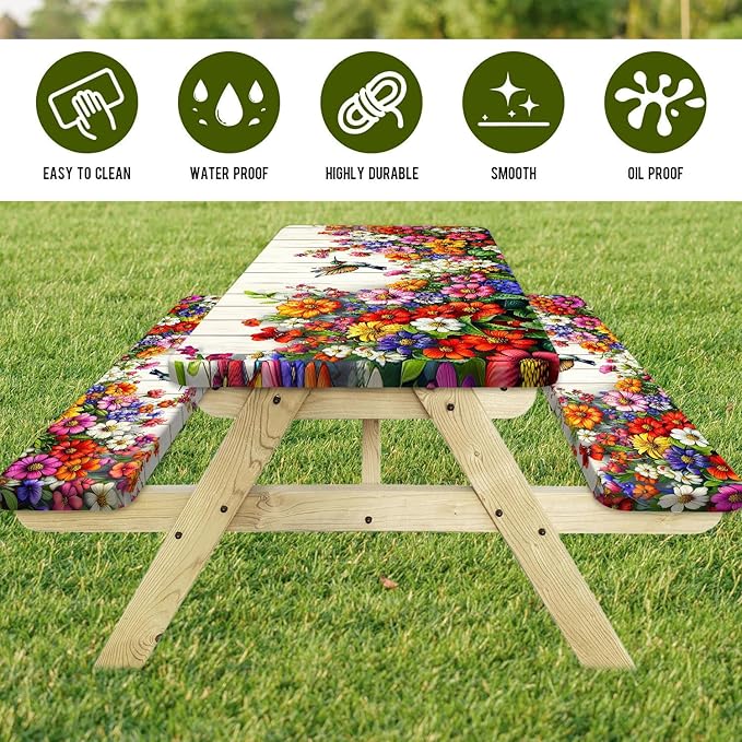 Floral Picnic Table Cover with Bench Covers, Camping Bird Flower Wooden Spring Essentials Waterproof Windproof Camping Tablecloth with Drawstring Bag, Fitted Rectangle Tables and Seats, 72in