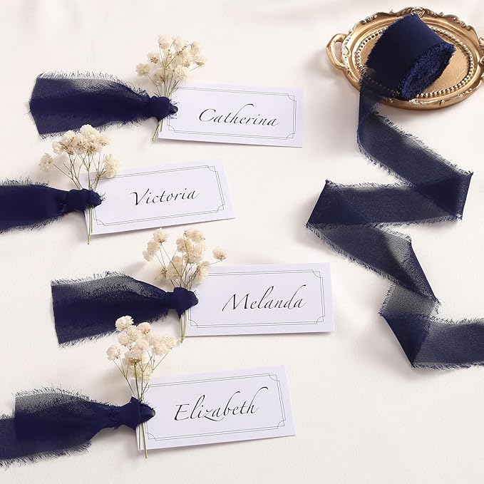 DORIS HOME Dark Navy Chiffon Ribbon for Flower Bouquet, 1" x21Yd Fabric Ribbon for Gift Wrapping, Handmade Frayed Ribbon for Wedding Invitations/Christmas Decorations