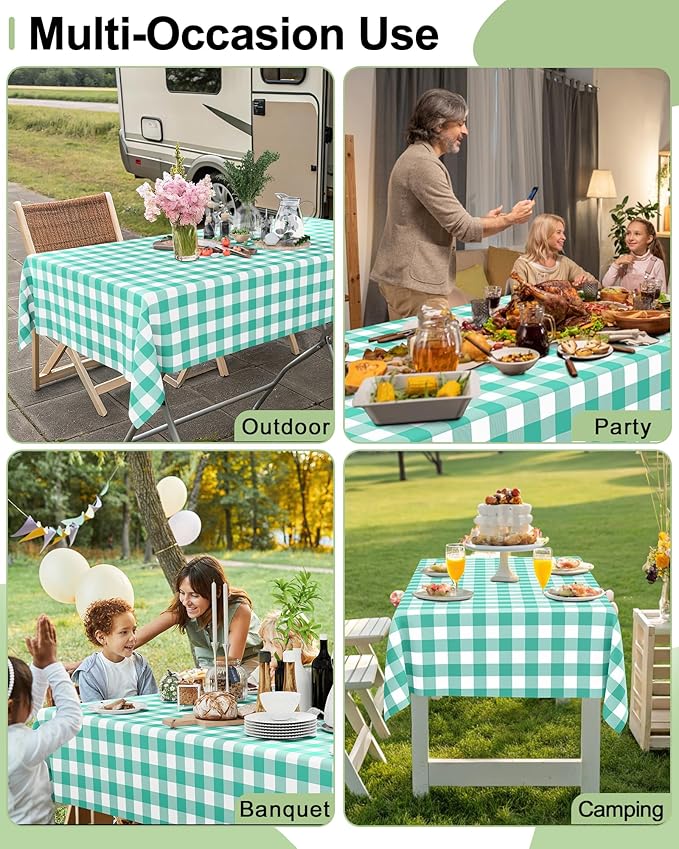 Smiry 12 Packs Gingham Disposable Table Cloth, 54 x 108 Inch Waterproof Plastic Tablecloth, Rectangle Teal and White Checkered Table Covers for Picnic, Birthday, Party