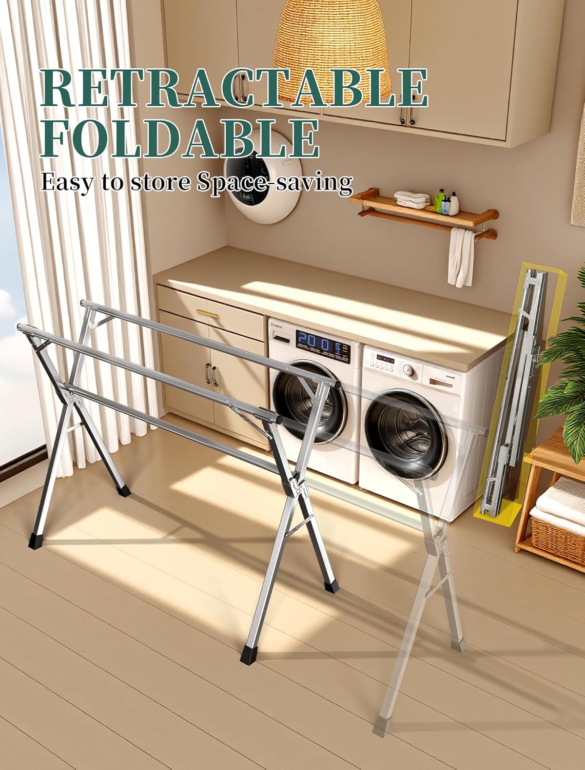 95 Inches Heavy - Duty Stainless Steel Folding Clothes Drying Rack Indoor Outdoor Anti-Rust 20 Windproof Hooks Portable & Foldable Laundry Rack (95'')