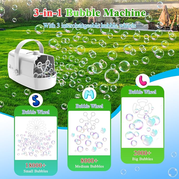 Wisdomlit Bubble Machine, 3-in-1 Bubble Maker, Bubble Blower with 3 Bubble Wheels, Make Small | Medium | Big Bubbles for Kids Toddlers, Bubble Toys for Indoor Outdoor Birthday Party (White)
