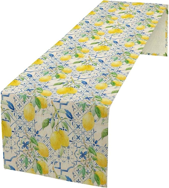Lemon Table Runner, Summer Fruit Vintage Morocco Blue Tiles Table Runners for Farmhouse Coffee Home Kitchen Dining Party Patio Outdoor 13x70in