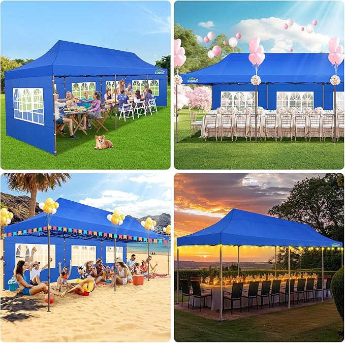 COBIZI 10x30 Pop Up Heavy Duty Canopy with 8 Sidewalls and Hexagonal Legs, Easy up Tent for Party, Wedding and Commercial, Outdoor Canopy with Carry Bag, Waterproof & UPF50+ (Blue)