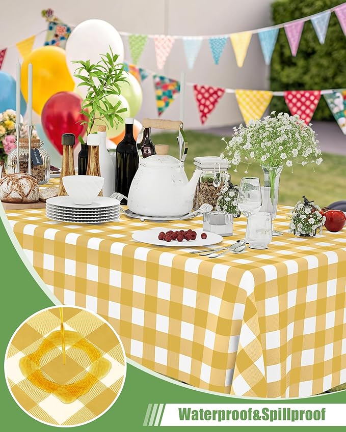 Smiry 12 Packs Gingham Disposable Table Cloth, 54 x 108 Inch Waterproof Plastic Tablecloth, Rectangle Gold and White CheckeGold Table Covers for Picnic, Birthday, Party