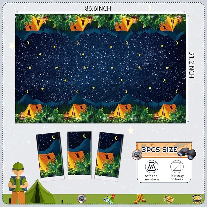 Chinco 3 Pieces Camping Tablecloth Campfire Camp Party Decorations Waterproof Plastic Rectangular Table Cover for Picnic Hiking Adventure Birthday Party Supplies