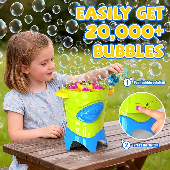 Automatic Bubble Machine for Kids - High Output Bubble Maker with 20000 Bubbles Per Minute - Includes 4 Solutions for Outdoor Toddler Toys and Backyard Parties