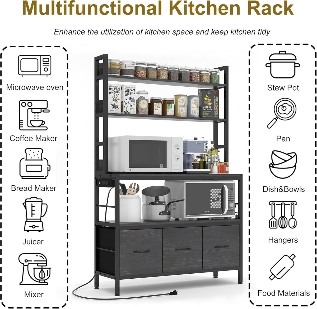 Bakers Rack with Power Outlet,5-Tier Free Standing Kitchen Storage Shelf Bakers Rack with Baskets,Industrial Microwave Oven Stand
