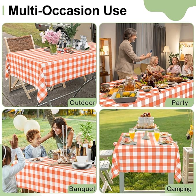 Smiry 3 Pack Orange Gingham Disposable Tablecloths - 54" x 108" Heavy Duty Plastic Table Cloth, Waterproof Buffalo Plaid Table Covers for Picnic, Banquets, Outdoor Parties