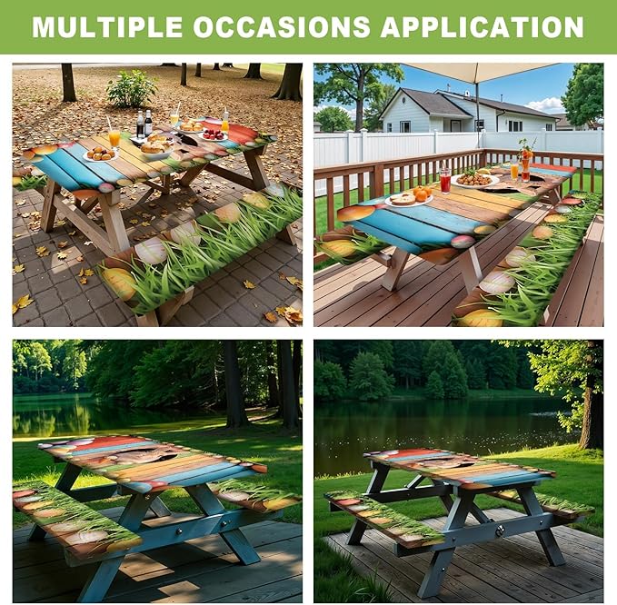ANNA QUEEN 6FT Easter Bunny Picnic Table Cover with Bench Covers Picnic Table Cover Set 3PCS 72"x30", Outdoor Bench and Tablecloth Furniture Protection