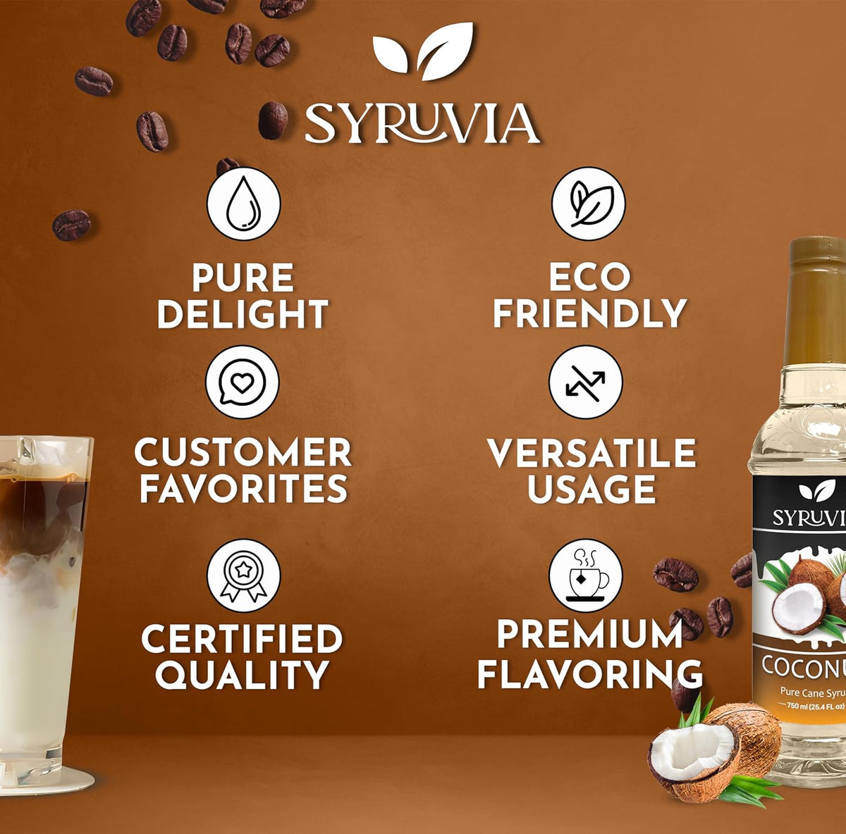 Syruvia Coconut Coffee Syrup - 25.4 fl oz. Premium Coffee Flavoring Syrup. Kosher, and Gluten-Free. Perfect for Enhancing Drinks, Sodas, Shakes