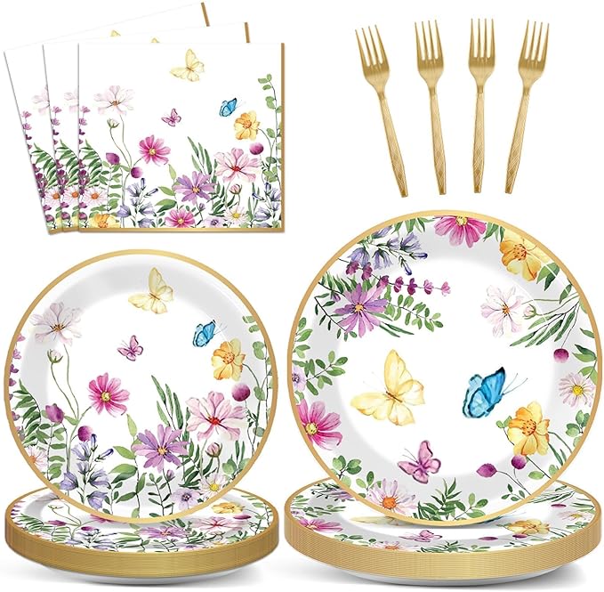 96 Pcs Spring Wildflower Party Decorations for 24 Guests Floral Tableware Plates Napkins Table Decorations Wildflower Dinnerware Party Favor for Birthday Baby Shower Bridal Shower Garden Tea Party