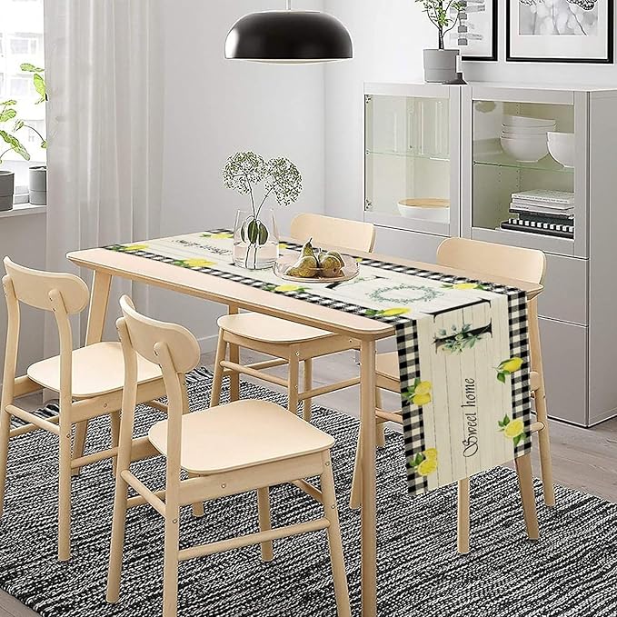 Lemon Fruit Home Table Runner,Vintage Farmhouse Rustic Black White Buffalo Plaid Dining Table Decoration for Home Holiday Party Dresser Kitchen Cabin Restaurant Wedding Decor 13×108in