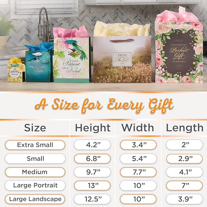 Christian Art Gifts Large Portrait Inspirational Scripture Women's Gift Bag, Tag & Wrapping Tissue Paper Set: Strength & Dignity Bible Verse for Moms, Cute Navy Blue Floral/Gold, Satin Ribbon Handles