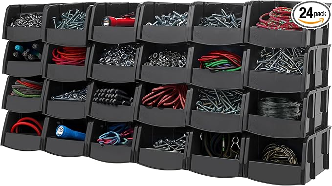 IRIS USA Extra Small Stackable Storage Bins, 24-Pack, 5.5 x 4.5 x 3 inch, |Made in USA|, Plastic Open Front Shelf Bin for Organizing Parts, Hardware, Tools, Supplies, Garage Shelf, Pantry - Black