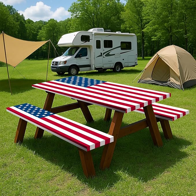 6FT American Flag Picnic Table Cover with Bench Covers Set 4th of July Waterproof Windproof Camping Rectangle Tablecloths with Elastic Fitted Picnic Table Cover for 4th of July Outdoor Decor