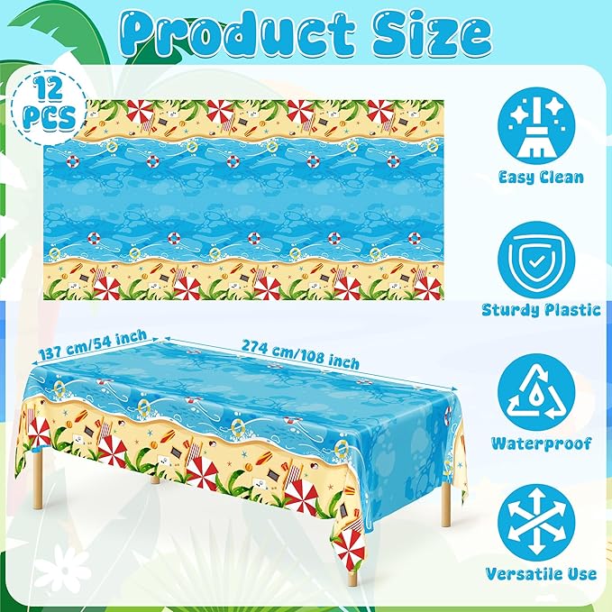 QZYL 12Pcs Summer Beach Tablecloth, 54 x 108 Inch Rectangle Beach Table Cloth, Disposable Summer Plastic Tablecloth Beach Party Decorations, Hawaiian Tropical Table Cover for Birthday Picnic Supplies