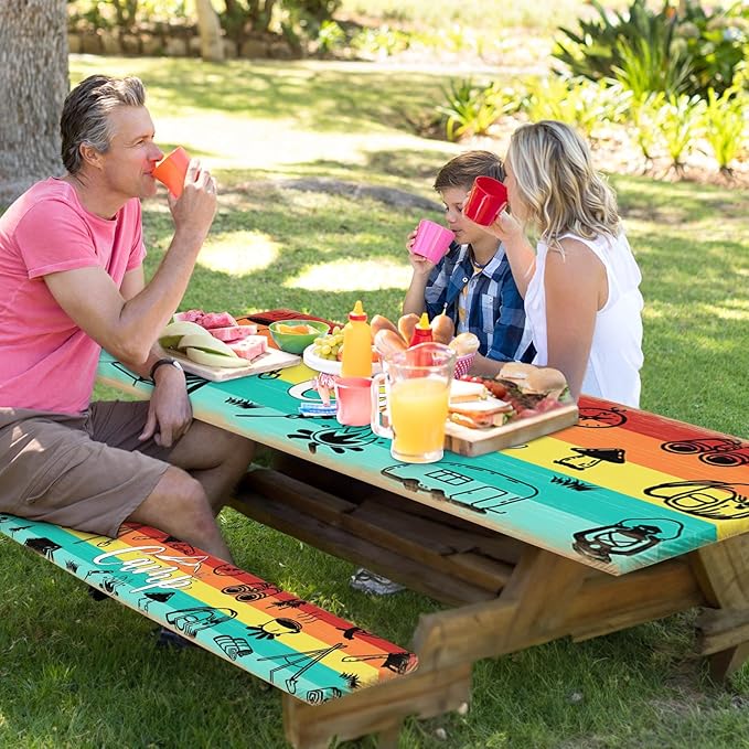 Picnic Table Cover with Bench Covers Elastic Edges, Rainbow Wood Camper Fitted Table Cover, Outdoor Patio Camping Essentials 72 Inch 3PCS, Waterproof Camping Fitted Tablecloth with Drawstring Bag