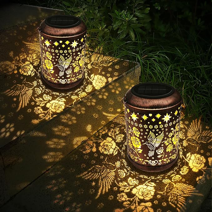 2 Pack Solar Garden Decor Metal Lantern Hummingbird Table Lamp Bronze Outdoor Dercoration Great Gift for Women Mon Grandma Hanging Lights for Patio Courtyard Garden