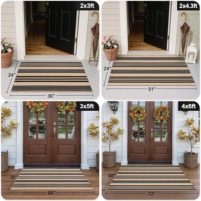 OJIA Outdoor Area Rugs 4'x6', Black and Tan Outdoor Rug Machine Washable Patio Rugs Cotton Hand Woven Entryway Rug Indoor Rugs for Bedroom/Porch/Deck/Backyard/Camping/Living Room
