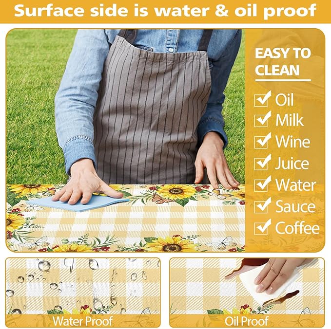 Sunflower Picnic Table Cover with Bench Covers, Yellow Buffalo Plaid Summer Floral Farmhouse Waterproof Tablecloth for Camping Indoor Outdoor Party Decorations, 30X72in
