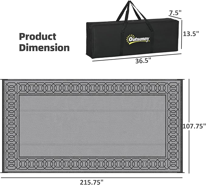 Outsunny Outdoor Rug for Patio, 9' x 18' Waterproof Large Mat, Reversible Plastic Straw Rug for Decor, Portable Outside RV Camping Area Carpet Mat for Backyard Porch Deck Picnic, Black & Gray Border