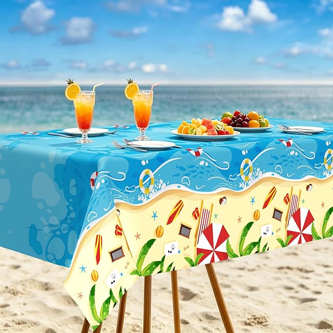 4Pcs Summer Beach Tablecloth, 54 x 108 Inch Pool Summer Tablecloth Beach Party Decorations, Disposable Plastic Beach Table Cloth, Hawaiian Table Cloth for Summer Tropical Birthday Party Decorations