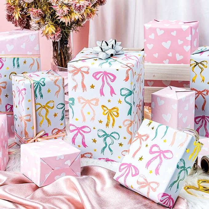 MAYPLUSS Girl Wrapping Paper Roll, Girly Bow Wrapping Paper, Reversible Elegant Bows Pink Gift Wrap for Birthday, Girl Baby Shower, Wedding, Christmas, Valentine's Day, Bachelorette(17 In X 33 Ft)