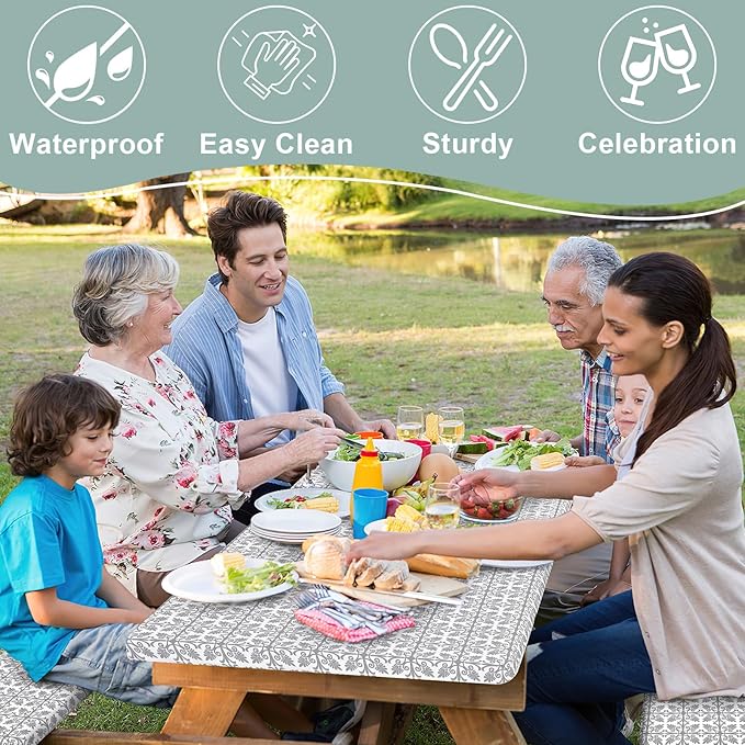 misaya Picnic Table Cover with Bench Cover, Waterproof Elastic Fitted Tablecloth for 8 Foot Tables, Rectangle Washable Polyester Tablecloths for Picnic, Camping, Outdoor (Grey, 30" x 96")