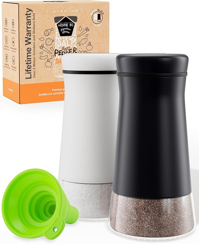 HOME EC Original Salt and Pepper Shakers Set with Adjustable Pour Holes - Black and White Salt Shaker and Pepper Shaker - Farmhouse Spice dispenser for salts, Ground peppercorn and spices