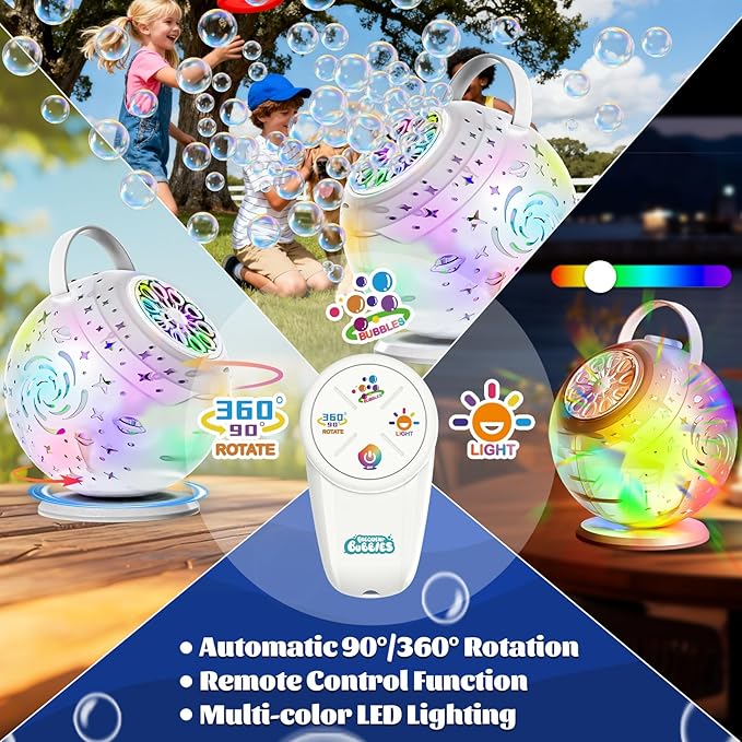 Rechargeable Bubble Machine - Auto 90°/360° Rotation, Remote Control and 7 Colors RGB LED Light, Bubbles Maker Toys for Kids, Bubbles for Wedding Parties, Easter Birthday and Xmas Gift for Boys Girls