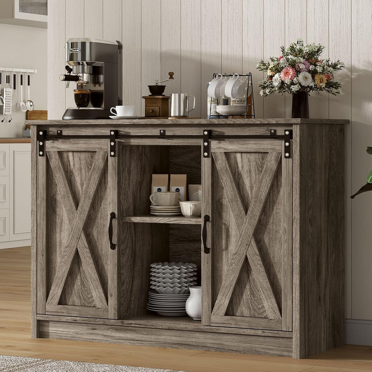 4 Ever Winner Farmhouse Coffee Bar Cabinet with Sliding Barn Door, 42” Coffee Bar Table with Adjustable Shelves