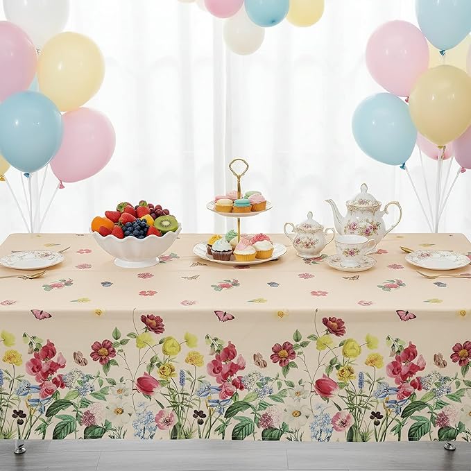 3 Pack Spring Floral Plastic Tablecloths, 54×108Inch Tea Party Tablecloth Rectangle Vintage Table Cloth Butterfly Wildflower Porcelain Table Decor for Garden Wedding Birthday Baby Bridal Shower