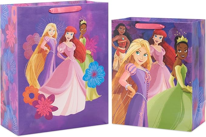 Hallmark Disney Princess Gift Bags (1 Large, 1 Extra Large) Ariel, Tiana, Rapunzel, Moana, Snow White, Belle