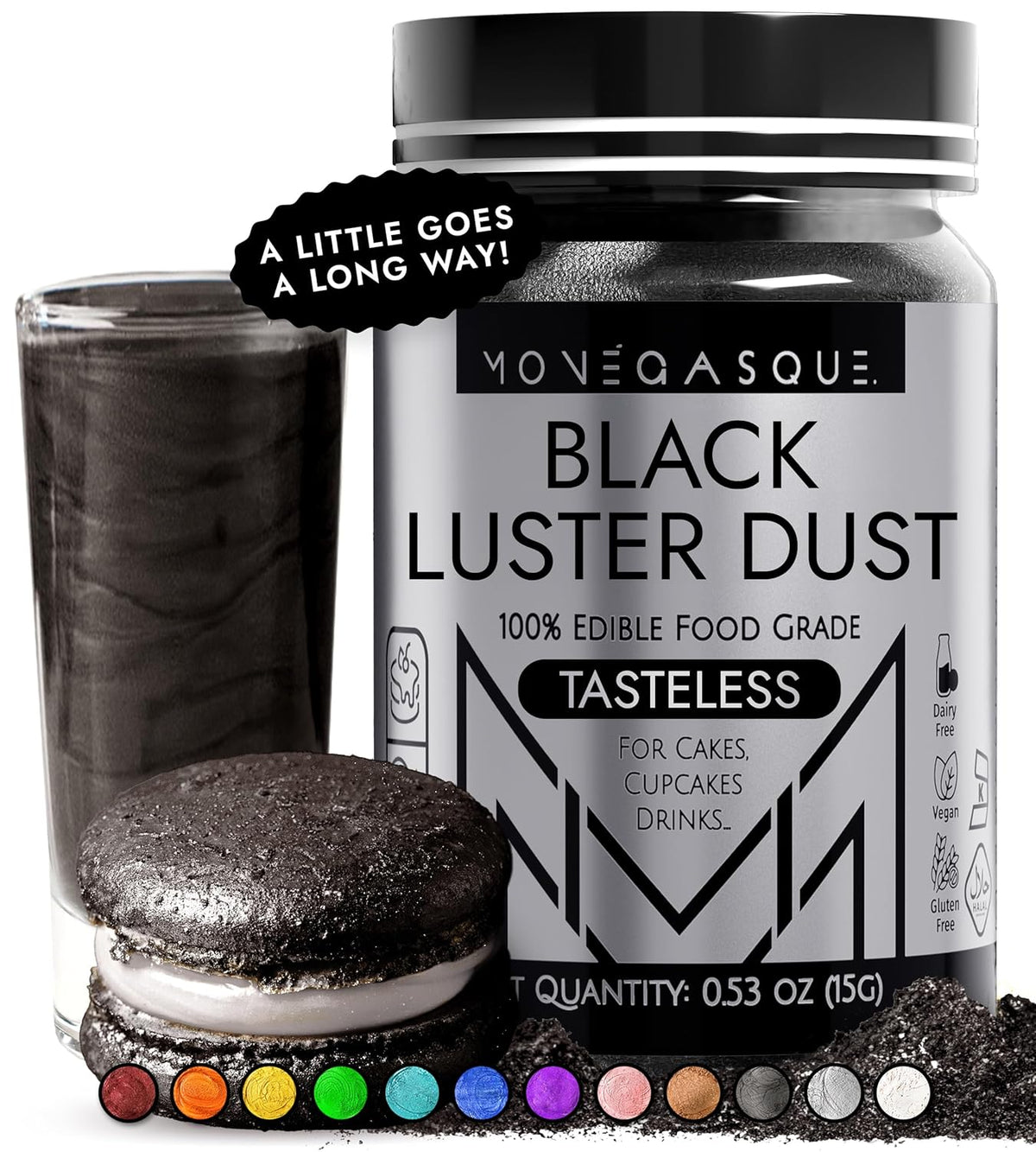 MONÉGASQUE Black Edible Glitter for Drinks 15g – Black Edible Glitter for Cakes & Cocktails – Halloween Sprinkles Luster Dust for Drinks, Cake, Cocktail, Cupcakes – Drink Shimmer – Spray Cakes Powder