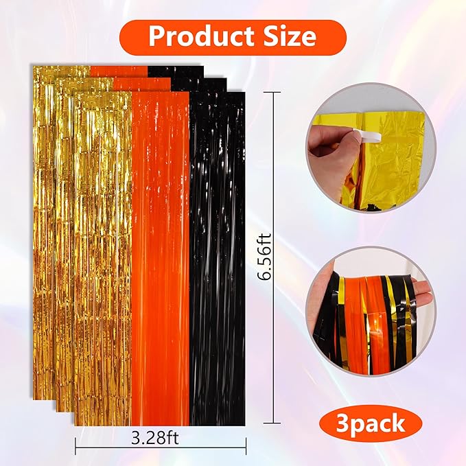 BEISHIDA 3Pcs Gold Orange Black Door Streamer Backdrop Foil Fringe Tinsel Curtains Backdrops for Construction Party Decorations Halloween Party Supplies(3.28 ft x 6.56 ft)