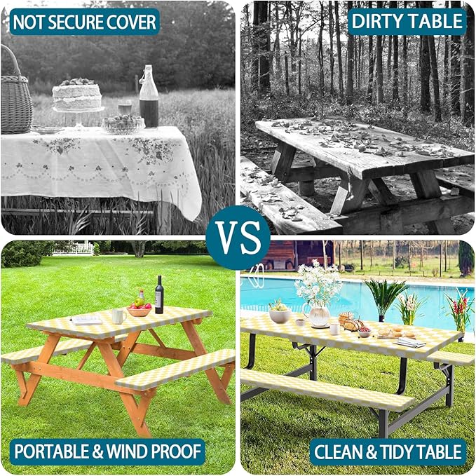 Picnic Table Cover with Bench Covers and Bag, Yellow White Checkered Gingham Buffalo Plaid Camping Tablecloth Waterproof Windproof Elastic Edges Fitted Tablecloths for Outdoor Garden 3PCS 30x96 Inch