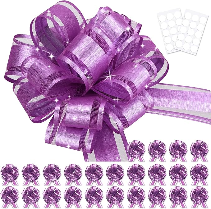 24pcs Purple Pull Bow for Gift Basket Wrapping Xmas Gift Bows Presents Adhesive Wrap Ribbon Bow for Christmas Tree Ornament Wine Bottles Bouquet Flower Valentine's Day Party Decor (Purple-G)