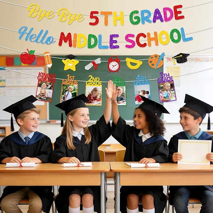 5th Grade Graduation Decorations - 4PCS Bye Bye 5th Grade Graduation Glitter Banners Photo Banner Decor, Colorful Primary Elementary School Congrats Grad Party Supplies (No-DIY)