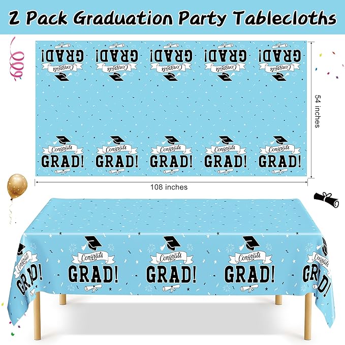 2Pcs Graduation Tablecloth, 108" X 54" Skyblue Graduation Table Decor 2026, Rectangle Tablecloth for Class 2026 Congrats Grad, Disposable Plastic Tablecover for Grad Decor Party Supplies for Kids