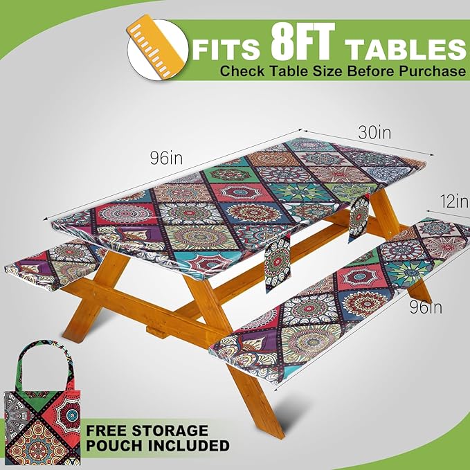 Fitted Picnic Table Cover with Bench Covers Waterproof Elastic Edges Rectangle Patio Tablecloth Outdoor Camping Essentials Stuff Rv Accessories Summer Trip Travel Camper Gifts for Woman Men, 96in 8 ft