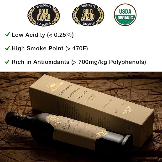 Entimio Cortese Organic Italian Extra Virgin Olive Oil from Italy, 700+ mg/kg High in Polyphenols, 2025 Gold Winner, Tuscany Early Harvest evoo