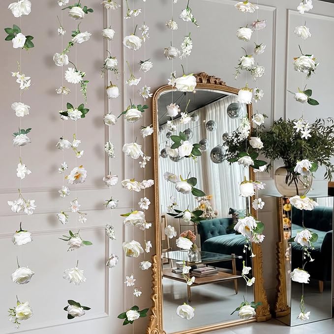 Suncalla 6 Pcs 35.46 ft Flower Garlands Backdrop Spring Artificial Wildflower Vines Floral Decorations for Party Fake Flower Vines Faux Silk Wildflower for Easter Wedding Garden Wall Arch (White)